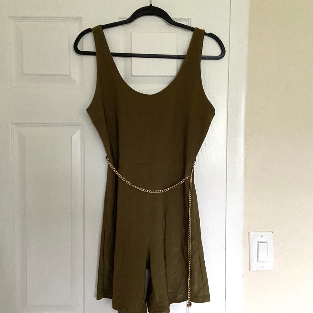 weworewhat ribbed romper with gold chain belt